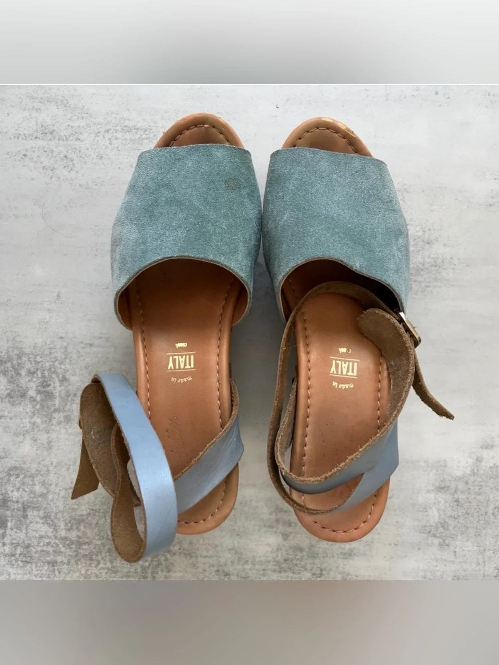 Seychelles Forward Seafoam Suede Wood Platform Wedge Sandals Size 6